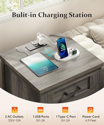 Decofy Farmhouse Nightstand with Charging Station, Grey Oak - Image 5