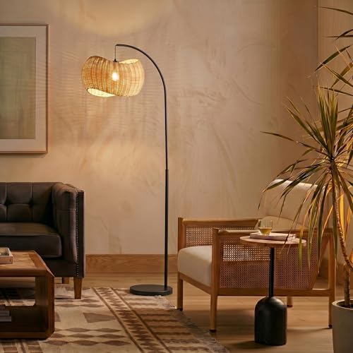 Brightech Wave Arc Floor Lamp - Chic Standing Lamp with Unique Hanging Wicker Pendant Shade for Living Room, Boho Rattan Natural Decor Lamp, Arcs Over Sofa, Bedroom & Office Desk for Reading - Black - Image 6