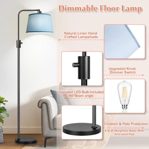 【Upgraded】 Dimmable Black Floor Lamp, 1000 Lumens LED Edison Bulb Included, Arc Black Floor Lamps for Living Room Modern Standing Lamp with Sky Blue Shade, Tall Lamps for Living Room Bedroom Office - Image 5