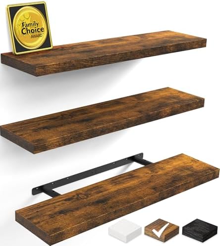 BAYKA Floating Shelves for Wall, 36 inches Wall Mounted Rustic Wood Shelves for Bathroom, Bedroom, Living Room, for Storage/Decor with 30lbs Capacity（Rustic Brown,Set of 3 by Bayka