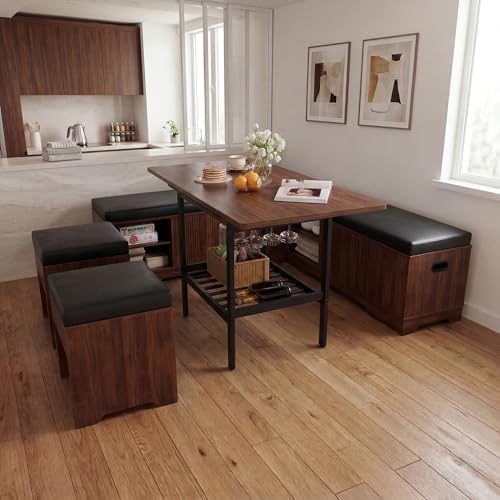 Extendable 6-Piece Breakfast Nook Set with Storage Benches & Stools, Corner Dining Table Set with Wine Glass Holder, Space-Saving Kitchen Table for Indoor/Outdoor Use (Walnut+Black Cushion) by MOMOKOVA