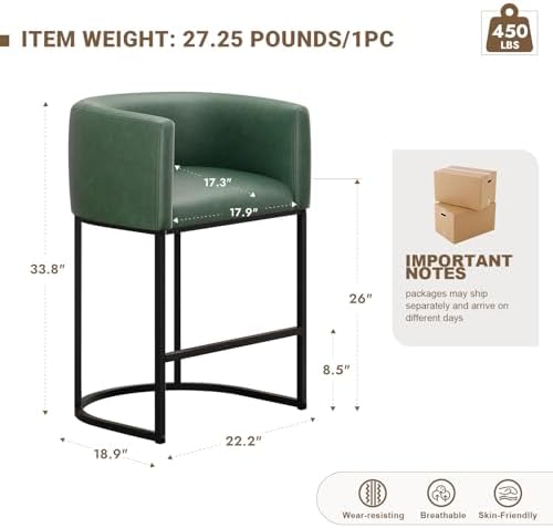 26" H Counter Height Bar Stools Set of 4, Modern Barrel Counter Stools with Backrest and Arms, Faux Leather Upholstered Accent Barstools for Kitchen Island,Support 450 LBS (Green) - Image 2