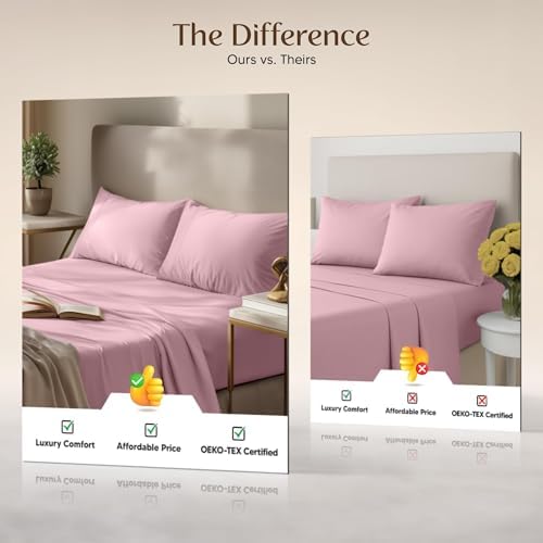 Twin Sheets Set, 3 Pieces 16" Deep Pocket Hotel Luxury Sheets, Crystal Pink - Image 6