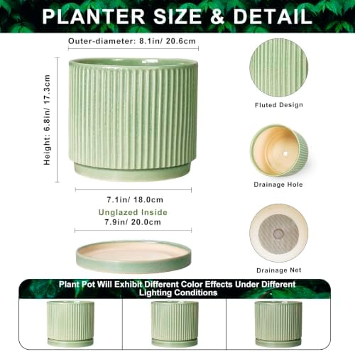 Ceramic Planter, 8 Inch Plant Pots, Round Flower Pot, Green - Image 2
