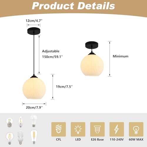 KCO Farmhouse Vintage Black 7.9” Ribbed Milk Glass Pendant Lights Set of 2 - Image 2