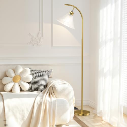 SIBRILLE Gold Floor Lamp with Remote, Dimmable Glass Arc Standing Lamp, Ribbed Frosted Glass Shade, 3 Color Temperatures, Foot Switch, 9W LED Bulb for Living Room Bedroom Office - Image 2