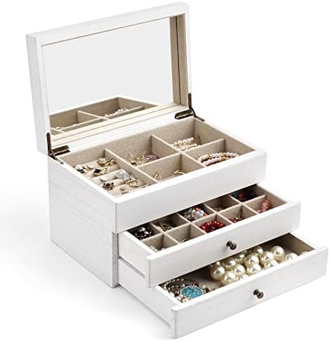 Meangood Jewelry Box Organizer for Women, 3 Layer Large Jewelry Storage Case, Rustic Wooden Jewelry Box with Mirror & Ring Tray for Necklace Earring Bracelets Rings, Vintage Style (White) by Meangood
