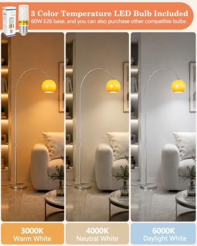 Arc Floor Lamp for Living Room, Orange Glass Shade Standing Lamp, Adjustable Height & Reach Arched Floor Lamp, Iron Tall Lamp with 3 Color Temperature Bulb, Foot Switch for Bedroom Office - Image 6