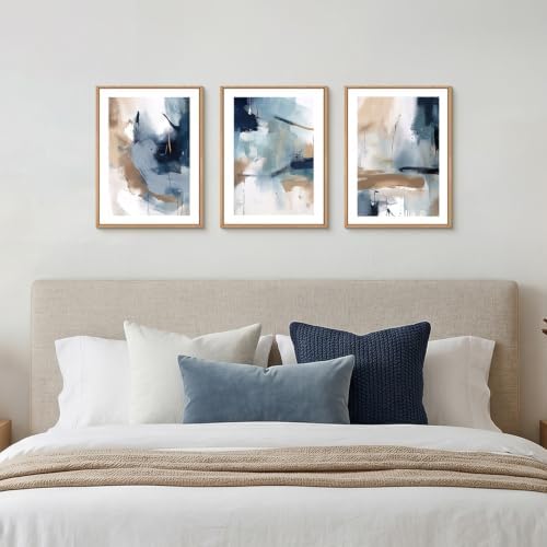LHIUEM Abstract Navy Blue Framed Canvas Wall Art,Neutral Brush Stroke Wall Decor,Modern Pastel Brown Wall Painting,Minimalist Shapes Artwork for Living Room,Bedroom,Office- 12''x16''x3 - Image 6