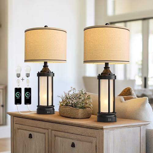 25'' Table Lamps for Bedroom Living Room Lamps Set of 2 Farmhouse Nightstand Bedside Lamps with USB Ports, Built-In Frosted Glass Night Light Industrial Metal Night Stand Lamp, Bulbs Included, Black - Image 2