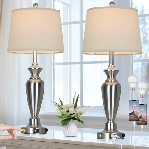 Cinyirong 30" Tall Silver Table Lamps Set of 2 for Living Room, 3-Way Dimmable Touch Control Bedside Lamps for Bedroom Nightstand with USB A+C Ports & AC Outlet (2 LED Bulbs Included) by Cinyirong