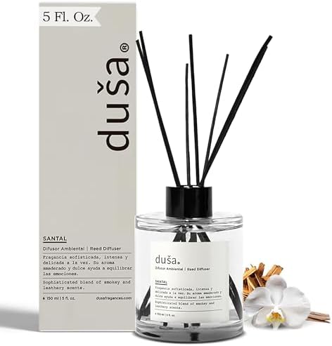 Duša Santal Reed Diffuser & Sticks - 5 Fl Oz Essential Home Fragrance Decor for Bathroom, Office & Living Spaces – Stylish & Long-Lasting Room Air Freshener -Ideal for Housewarming & Special Occasions by Du%C5%A1a