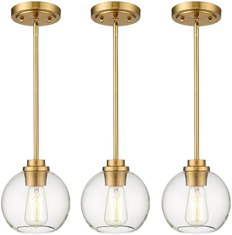 3-Pack Pendant Lights Kitchen Island, Gold Hanging Lights Fixtures with Clear Glass Globe Shade, Brass Kitchen Island Lighting for Dining Room, AD-22280-1P3-GD by Audickic