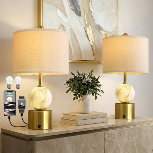 Oneach 20.5" Small Bedside Table Lamps for Bedroom Nightstands, Gold Glass Modern Table Lamps Set of 2 with USB A+C Charging Port, Night Light, Luxury Lamps for Living Room End Table(Bulbs Included) by Oneach