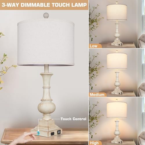 26" Farmhouse Table Lamps, Table Lamps For Living Room Set of 2 with USB A+C Ports & AC Outlet, Vintage Rustic Touch Control 3-Way Dimmable Boho Nightstand Lamp White Washed Resin for Bedroom Deocr - Image 6