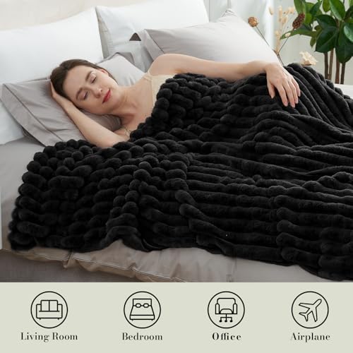 Amélie Home Soft Striped Faux Fur Throw Blanket for Couch, Black, 55"x70" - Image 5
