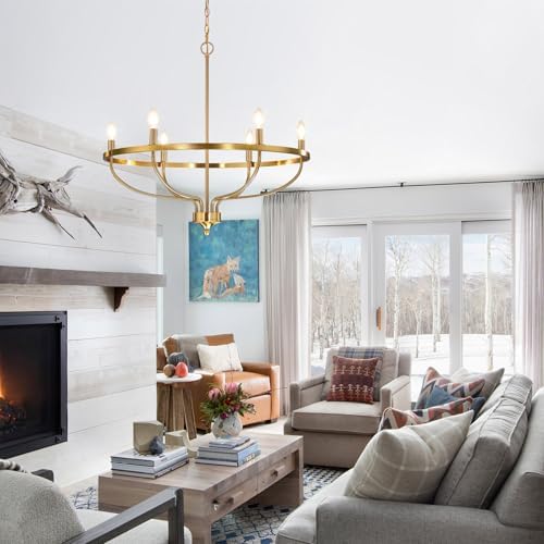 Gold Chandelier for Dining Room, 28.5 Inch Diameter Modern Farmhouse Candle Chandelier Light Fixture Over Table, 6-Light Brass Chandelier Lighting for Kitchen, Bedroom, Living Room (E12 Base) - Image 6