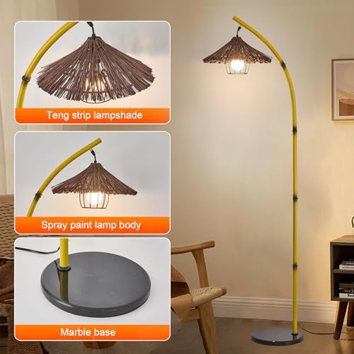 beaysyty Bamboo Floor lamp Mid Century Rattan Retro Floor lamp Bohemian,Arc Floor Lamps for Living Room Tall Reading Lamps Antique Rattan Style for Bedroom Dining Room Farmhouse Study (Yellow) - Image 2