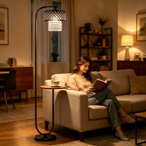 Hsyile Crystal Floor Lamp for Living Room - Marble Base Modern Tall Stand Up Light with Table,Contemporary Over the Couch Lamp Standing Lamps for Bedroom Office Living Room (Black+Mesh Lampshade) - Image 2