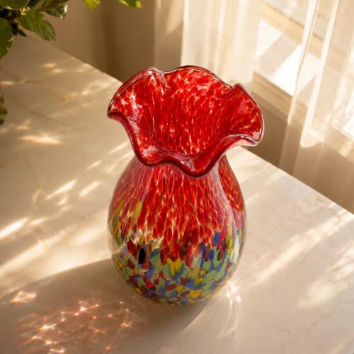 10.6in Hand Blown Blue Glass Vase – Wide Mouth Murano Bubble Art Glass Vase, Cobalt Blue Flower Vase for Coastal, Vintage, Colorful Home Decor, Vase Gift for Mom or Display (Red) - Image 6