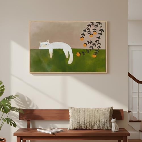 Large Framed Cozy Cat Neutral Green Canvas Wall Art Bedroom, 24x36 Inch - Image 5