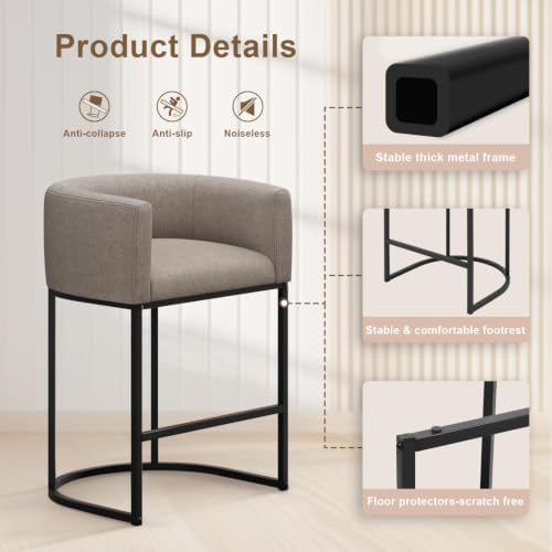 26" H Counter Height Bar Stools Set of 4, Modern Barrel Counter Stools with Backrest and Arms, Linen Fabric Upholstered Accent Barstools for Kitchen Island,Support 450 LBS (Sand) - Image 5