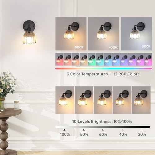 Shenmoyl Vintage Battery Operated Wall Sconce with Amber Tulip Glass Lampshade Rechargeable Battery Powered Black Wall Light with Remote Control for Bedside Bedroom Doorway - Image 6