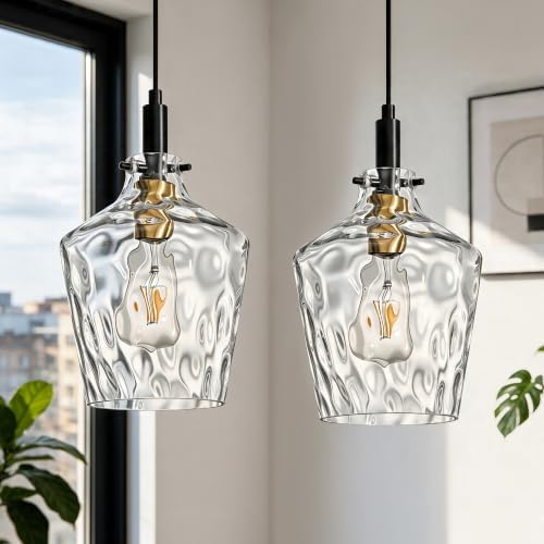 Hammered Glass Pendant Light for Kitchen Island 2 Pack Black Gold 8 Inch by Vaziden