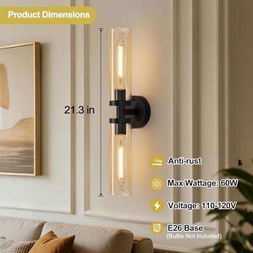 Indoi Wall Sconces Set of Two, Hardwired Matte Black Bathroom Sconces Wall Lights with Amber Glass, Modern Sconces Wall Decor Set of 2 Vanity Light fixtures for Bathroom Mirror Bedroom - Image 4