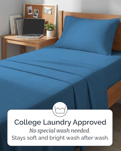 Twin XL 3 Piece Sheet Set - College Dorm Room Essentials - Denim Blue - Image 6