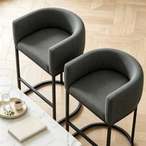 26" H Counter Height Bar Stools Set of 3, Modern Barrel Counter Stools with Backrest and Arms, Linen Fabric Upholstered Accent Barstools for Kitchen Island,Support 450 LBS (Carbon Black) - Image 4
