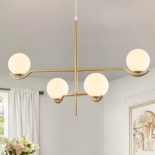 CATINER Modern 31" 4-Light Gold Sputnik Chandelier with Milk Glass Globe by CATINER