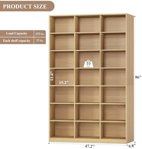 HOSTACK 86" H Triple Wide Bookshelf and Bookcase, 7 Tier Tall Bookshelf with Storage, Large Bookcase with 21 Open Display Storage Shelves, Book Shelf Media CD DVD Storage for Living Room, Light Wood - Image 3