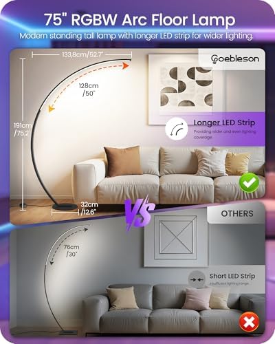 75" RGBW Corner Floor Lamp, Dimmable Arc Lamp with Remote & Foot Control - Image 3