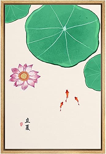 NWT Framed Canvas Print Wall Art Watercolor Chinese Style Lily Pads, Lotus & Fish Nature Wilderness Illustrations Modern Art Rustic Colorful Pastel for Living Room, Bedroom, Office - 24"x36" Natural by NWT