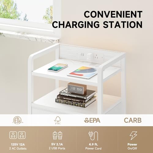 Lazzanto Nightstand with Rear Charging Station, LED Light, 3 Drawers, White - Image 5