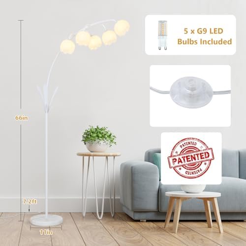 HMVPL White Floral Floor Lamp, Cute Flower Standing Lamp for Bedroom, Modern Tall Lamp with 5 G9 LED Bulbs, Foot Switch, Acrylic Shade, Curved Floor Lamp for Living Room Corner Bedside Kids Home Decor - Image 3
