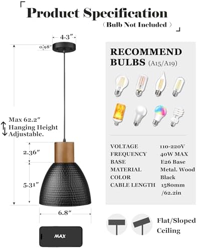 ELYONA Industrial Hammered Pendant Light 7” Small Solid Wood Hanging Lamp with Hammered Metal Shade, Farmhouse Pendant Light Fixtures for Kitchen Island, Dining Room, Bedroom, Office, Modern Black - Image 3