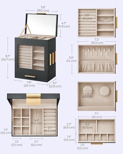 SONGMICS 5-Layer Jewelry Box with Glass Window, 3 Side Drawers - Image 6