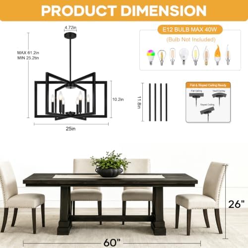25"-61" Height Adjustable Modern Matte Black Chandelier for Dining Room, No Assembly Required Black Dining Room Light Fixture Over Table, Industrial Metal Pendant Lights Fixture for Kitchen Island - Image 6