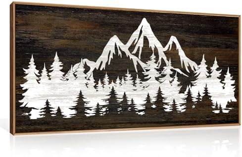 LHIUEM Large Mountain Tree Framed Canvas Wall Art,Modern White Forest Art Prints,Abstract Country Woodcut Wood Wall Decor,Farmhouse Zen Artwork for Living Room Bedroom Office-20''x40'' by LHIUEM