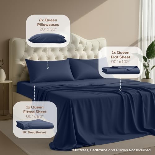 Queen Sheets Set, 4 Pieces 16" Deep Pocket Hotel Luxury Bed Sheets, Navy - Image 2