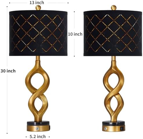 Cinyirong 30" Black and Gold Table Lamps Set of 2 for Bedroom, Modern Touch Control Bedside Lamps for Living Room, 3-Way Dimmable Sculptural Resin Nightstand Lamps with USB A+C Ports and 2 LED Bulbs - Image 7