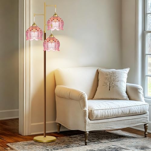 QIYIZM Pink Floor Lamp for Living Room,Bedroom,Glass Mid Century Modern Standing Lamp Brass Tree 3 Light Tall Floor Lamps Wood Vintage Retro Gold Floor Lights Standing Flower LampShade Boho Bohemian - Image 2