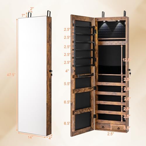 NAFORT 2 LEDs Full Length Mirror with Jewelry Armoire, Jewelry Organizers and Storage with 2 Mounting Options, 47.5”H Jewelry Cabinet with 2 Drawers, Make up & Lockable Jewelry Box, Rustic Brown - Image 6