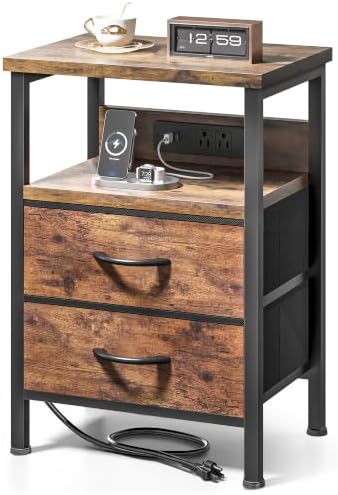 Lazzanto Night Stand with Charger Station for Bedroom, Brown Nightstand by Lazzanto