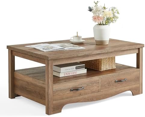 LINSY HOME Farmhouse Coffee Table with Storage, Wood Coffee Table for Living Room, Open Display Area and Storage Drawers with Metal Handles, Chic Style with Curved Base, Brown by LINSYHOME
