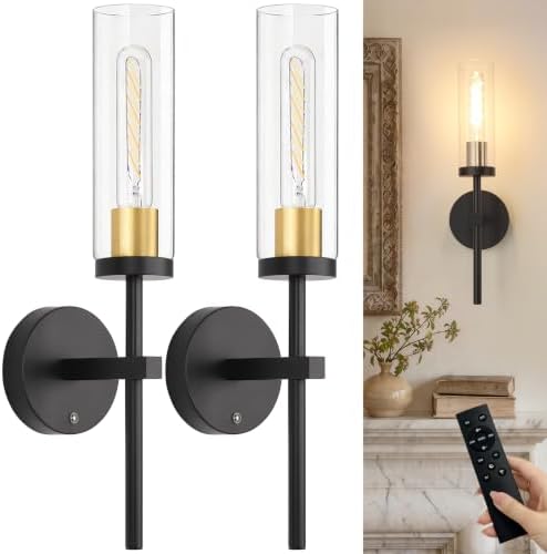Shenmoyl Set of 2 Wall Sconces, 5200 mAh Battery Operated Wall Sconce with 3 Colors & Remote Control, Black Gold Rechargeable Wall Lamp with Clear Glass Shade for Bedroom, Bathroom, Stairwell, Hallway by Shenmoyl