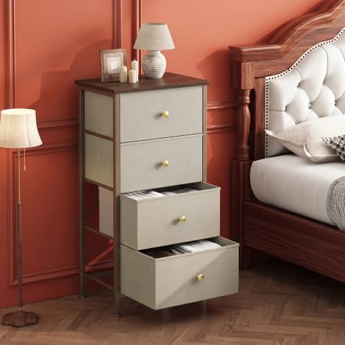 DUMOS Nightstand with 4 Drawers Bedside Table with Removable Fabric Bins Sturdy Steel Frame Wood Top Organizer Furniture for Bedroom Closet Living Room, Tan - Image 6