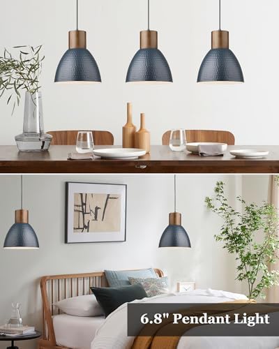 ELYONA Hammered Pendant Lights for Kitchen Island, 7” Small Solid Wood Hanging Light Fixtures, Adjustable Height Industrial Metal Pendant Light Fixtures for Bar Dining Room Bedroom Office, Modern Blue - Image 2